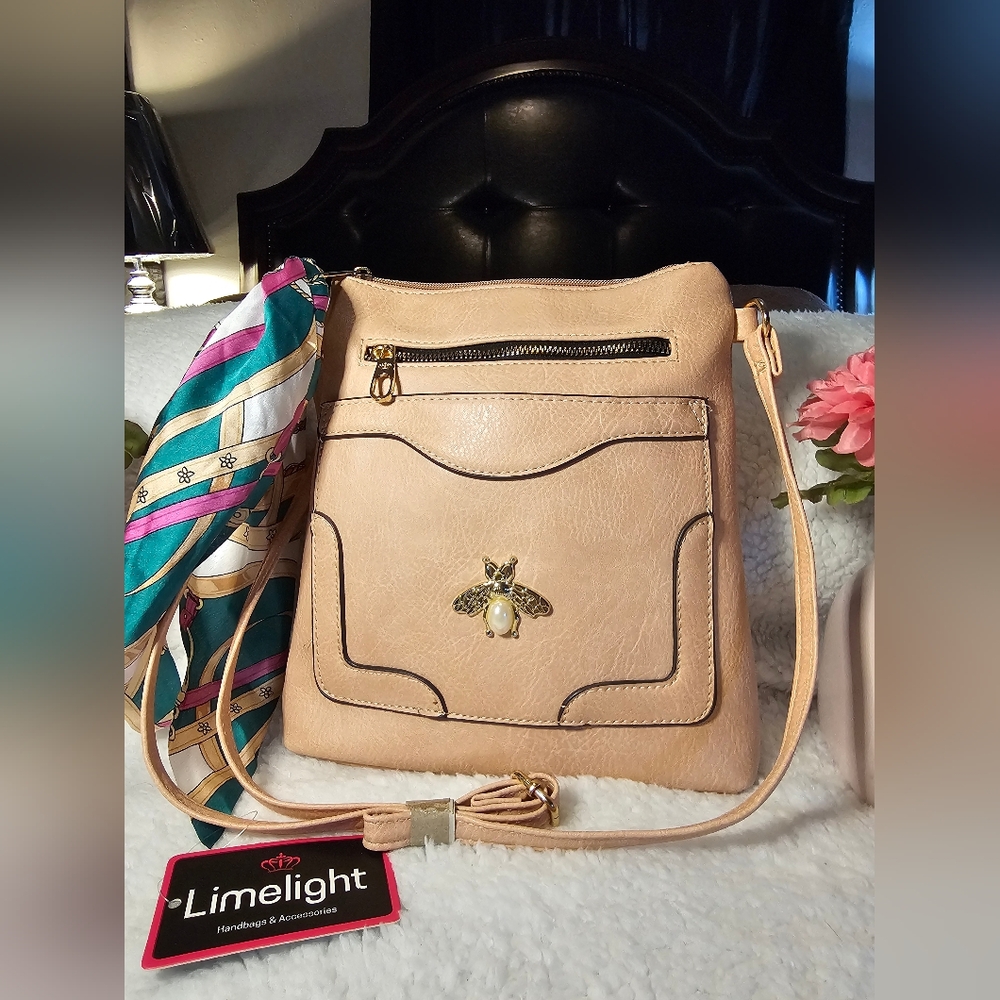 Limelight Fashionable Crossbody Bag with Bee Accent and Scarf In Mauve Color